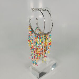 Southwestern Microbead Fringe Colorful Hoop Earrings Silvertone 4" Drop